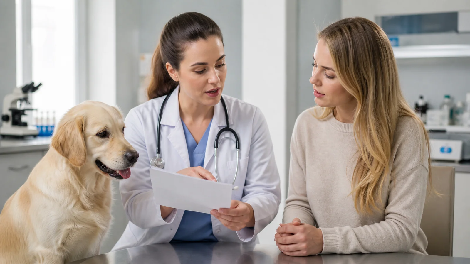 Veterinária e tutora revisando pedido de exames de cão em clínica.