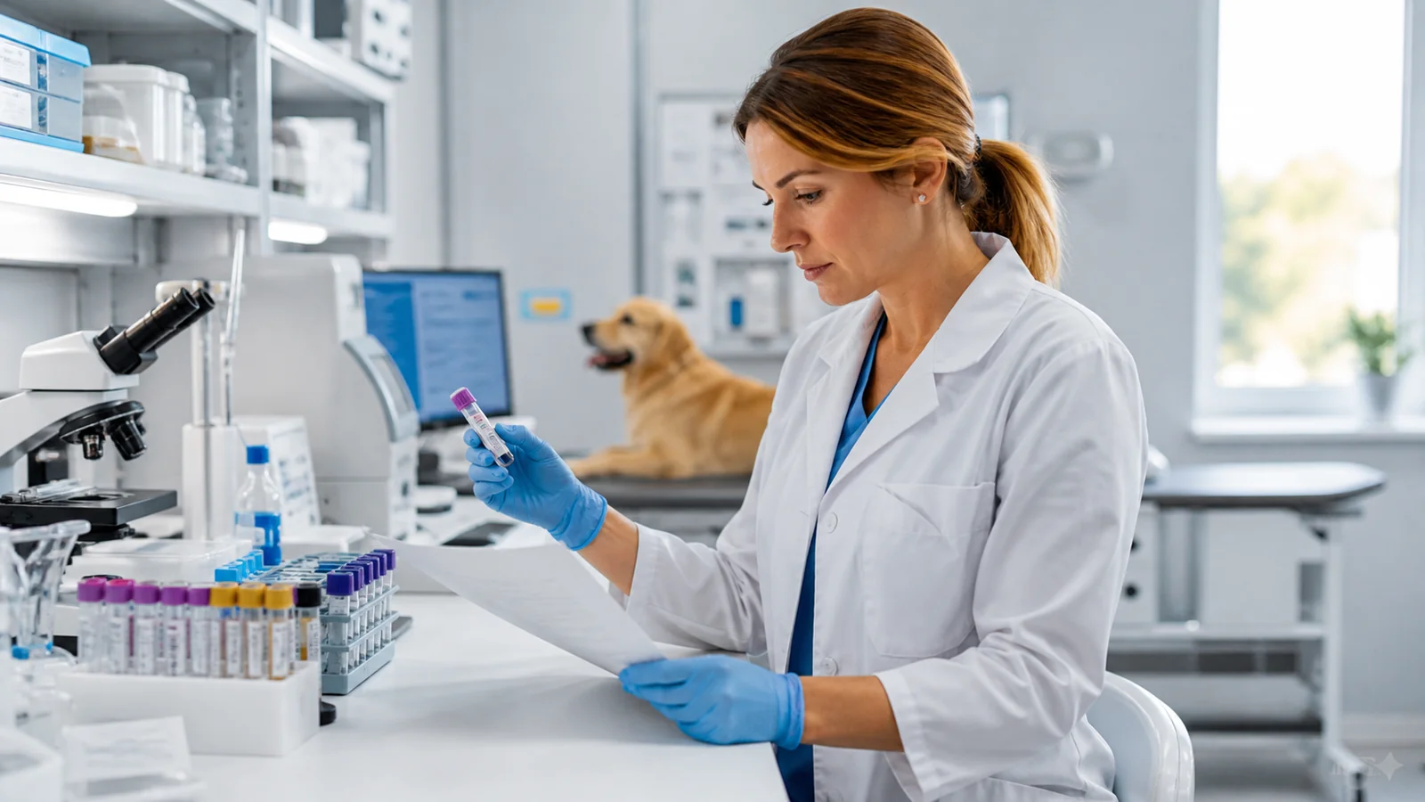 Veterinária organizando amostras em laboratório veterinário.