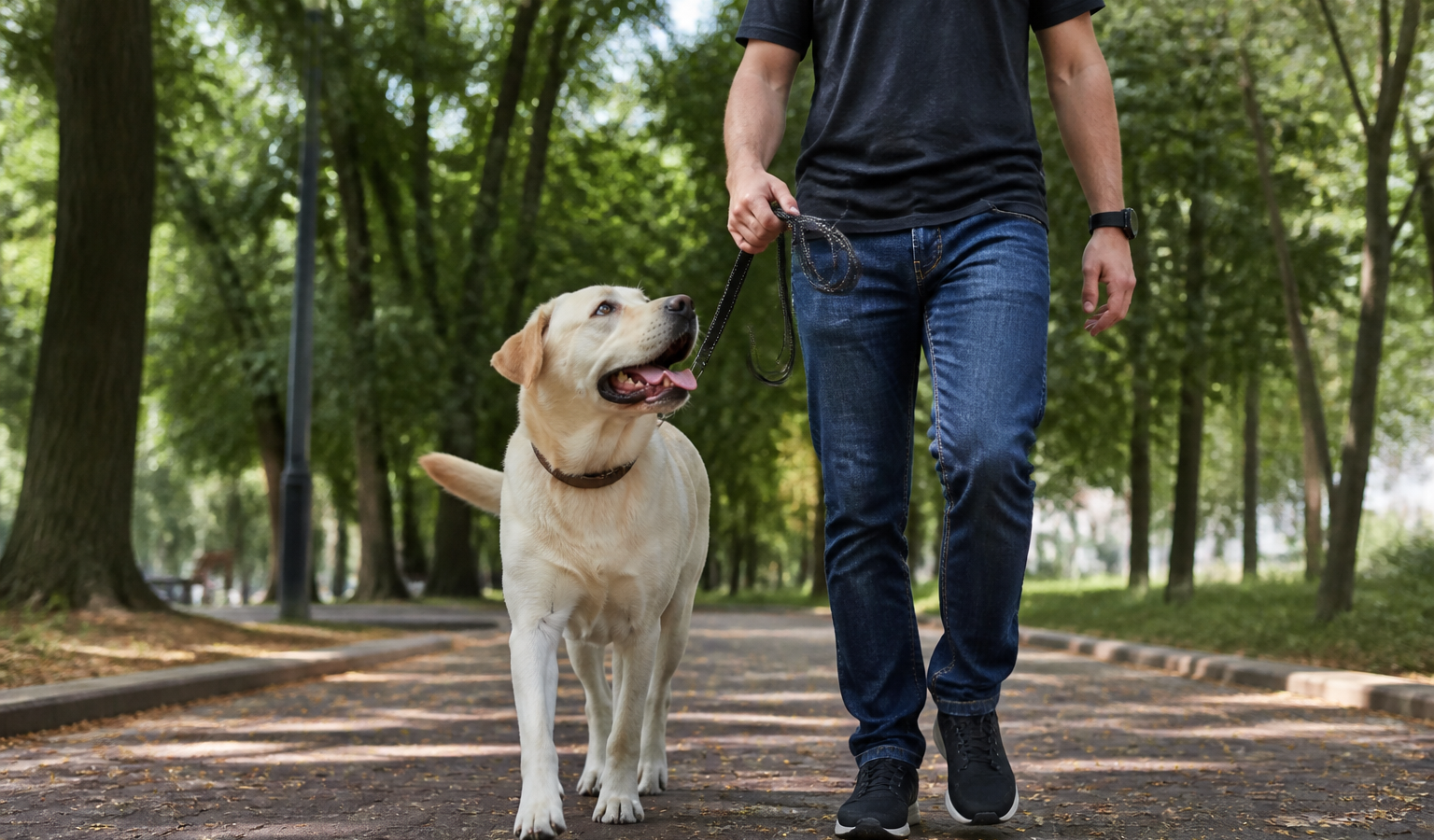 Labrador Retriever passeando com tutor em parque arborizado