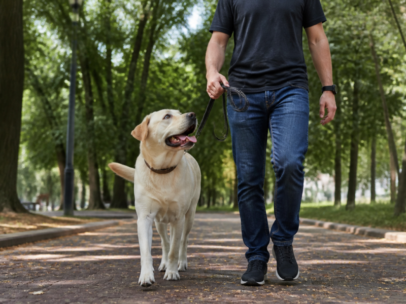 Labrador Retriever passeando com tutor em parque arborizado
