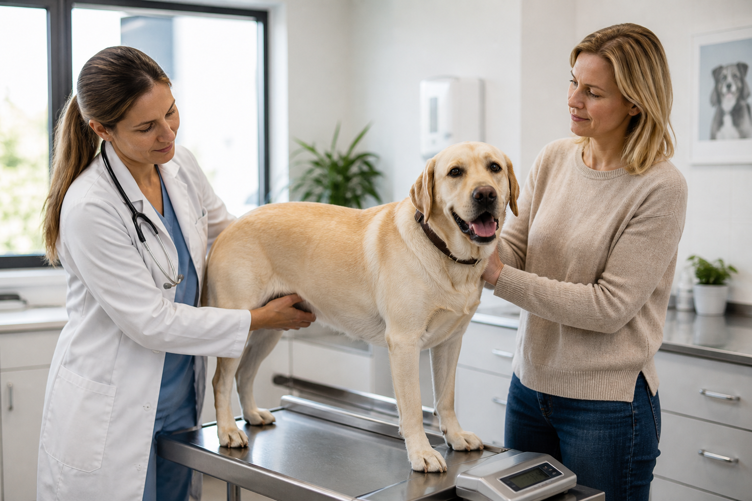 Médica veterinária avaliando peso corporal de Labrador Retriever