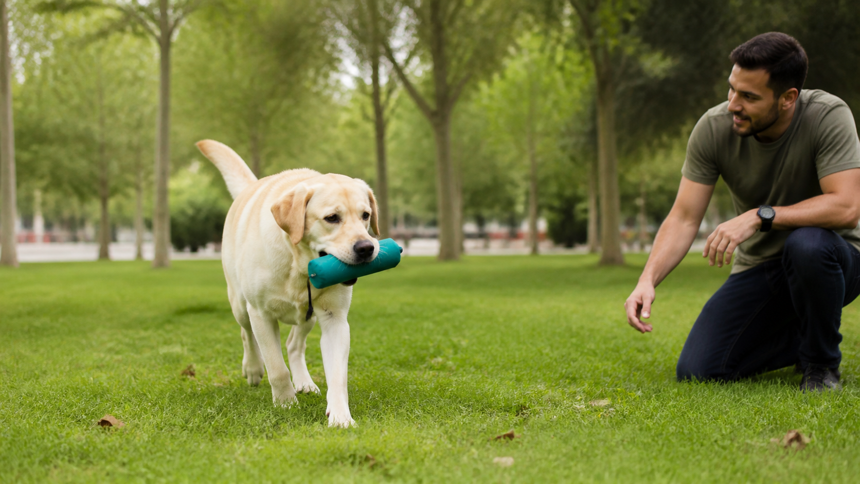 Labrador Retriever participa de brincadeira de busca supervisionada com tutor.