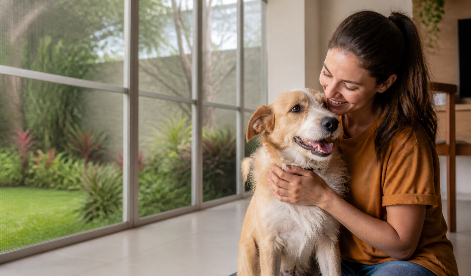 Cão com tutor em casa protegida por tela, contexto de prevenção da leishmaniose