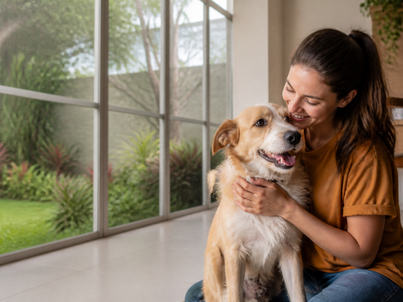 Cão com tutor em casa protegida por tela, contexto de prevenção da leishmaniose