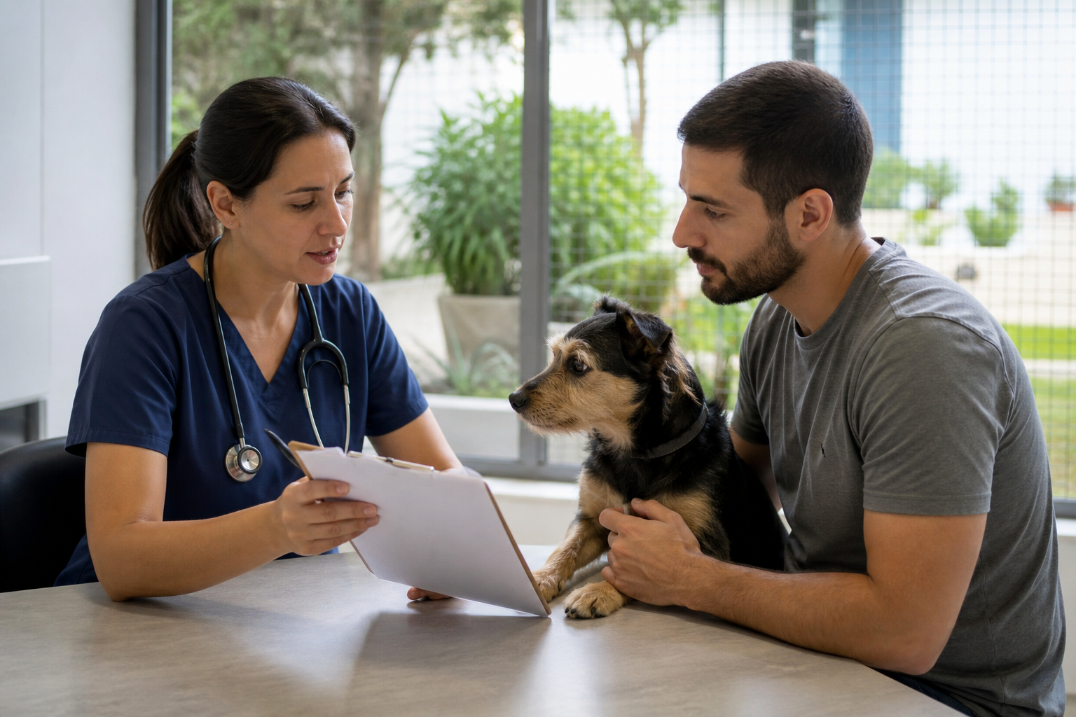 Médica veterinária conversando com tutor sobre prevenção da leishmaniose em cão