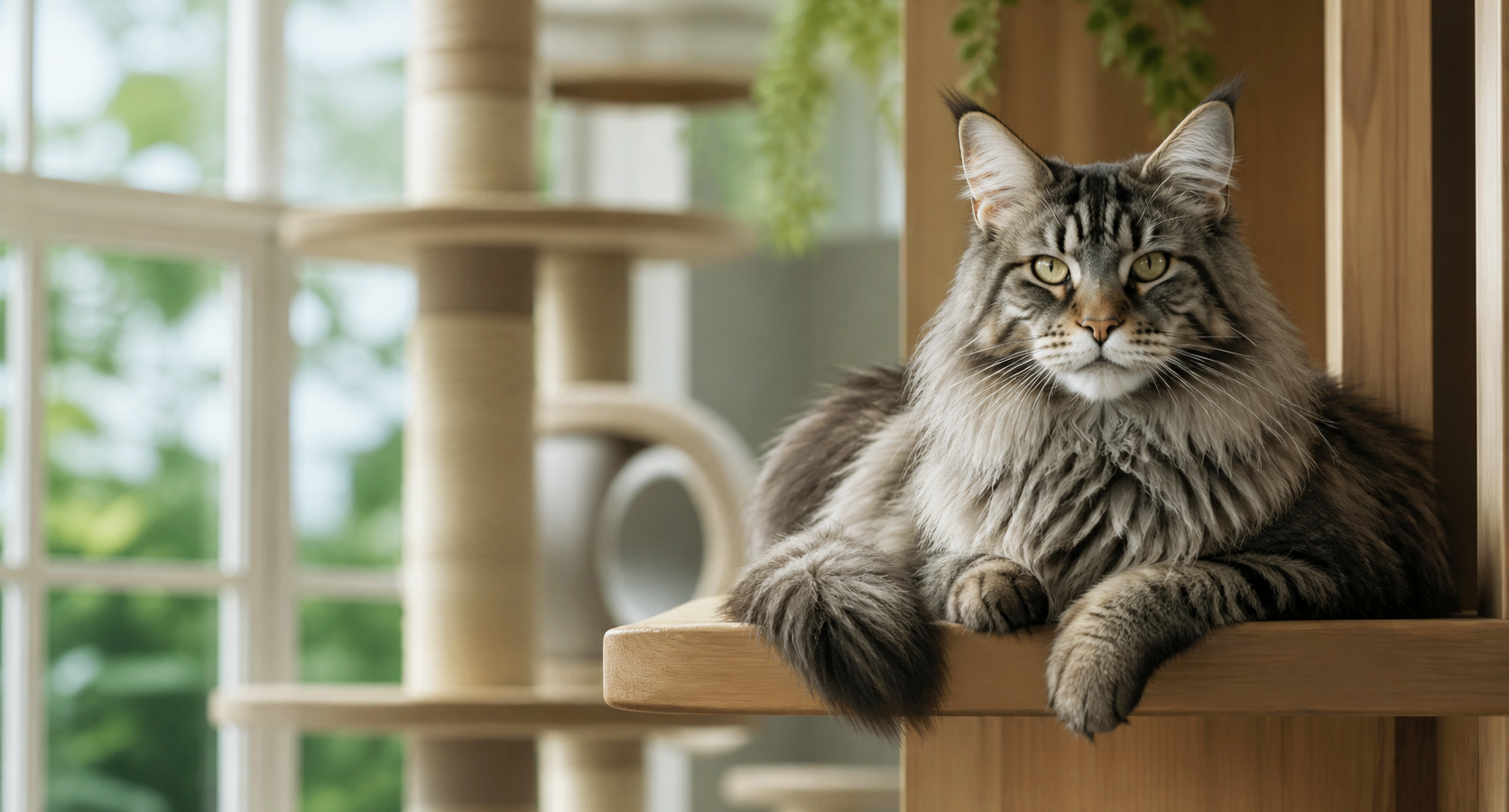 Gato Maine Coon adulto repousa em prateleira de ambiente doméstico enriquecido.