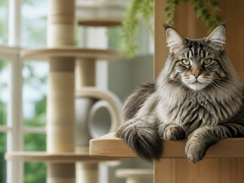 Gato Maine Coon adulto repousa em prateleira de ambiente doméstico enriquecido.