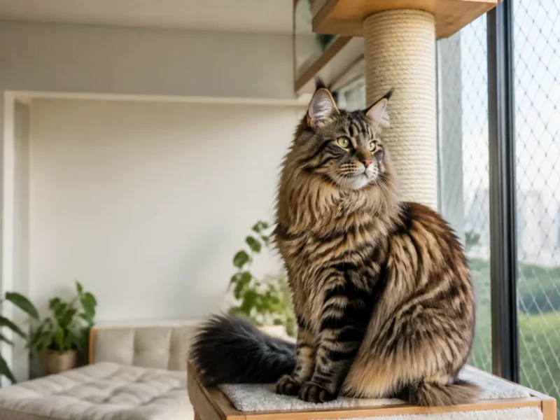 Maine Coon em ambiente doméstico com arranhador alto e janela protegida.