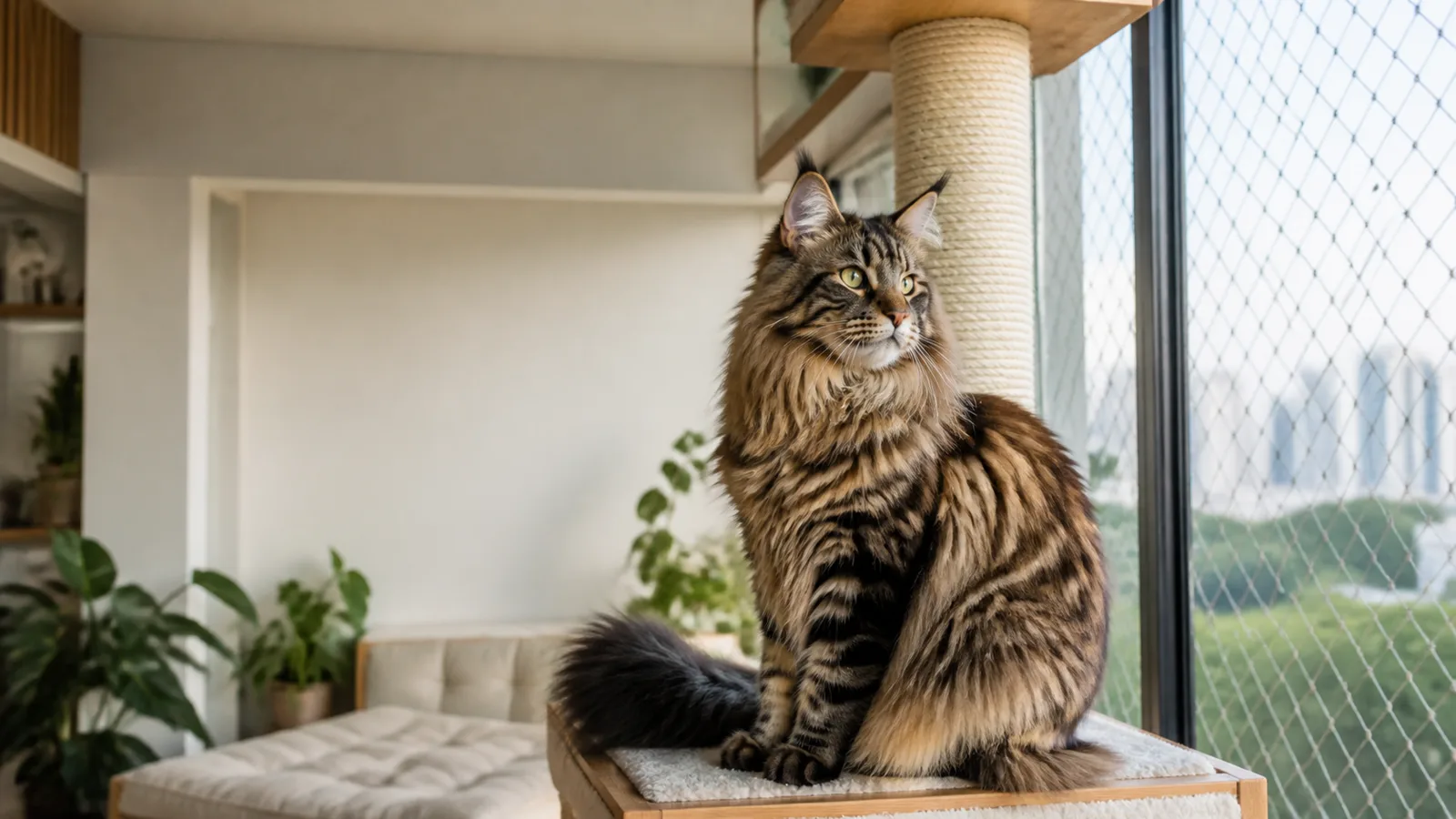 Maine Coon em ambiente doméstico com arranhador alto e janela protegida.