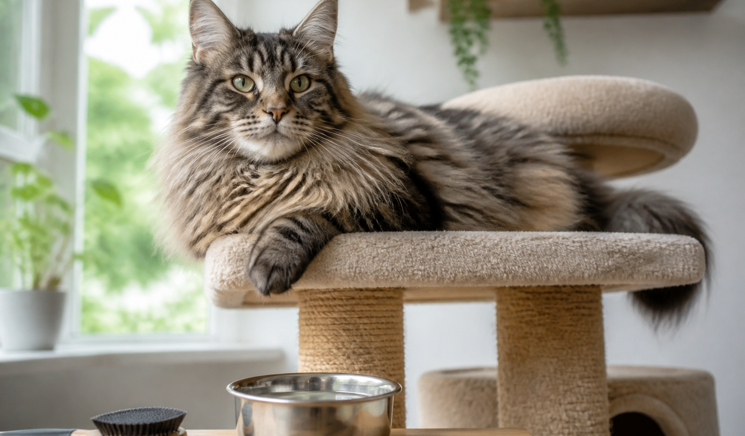 Gato Maine Coon descansando em árvore para gatos