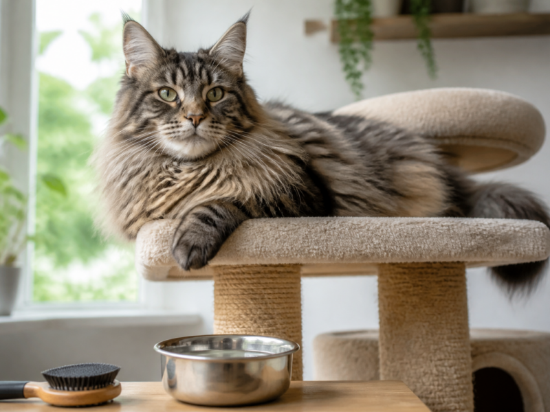 Gato Maine Coon descansando em árvore para gatos