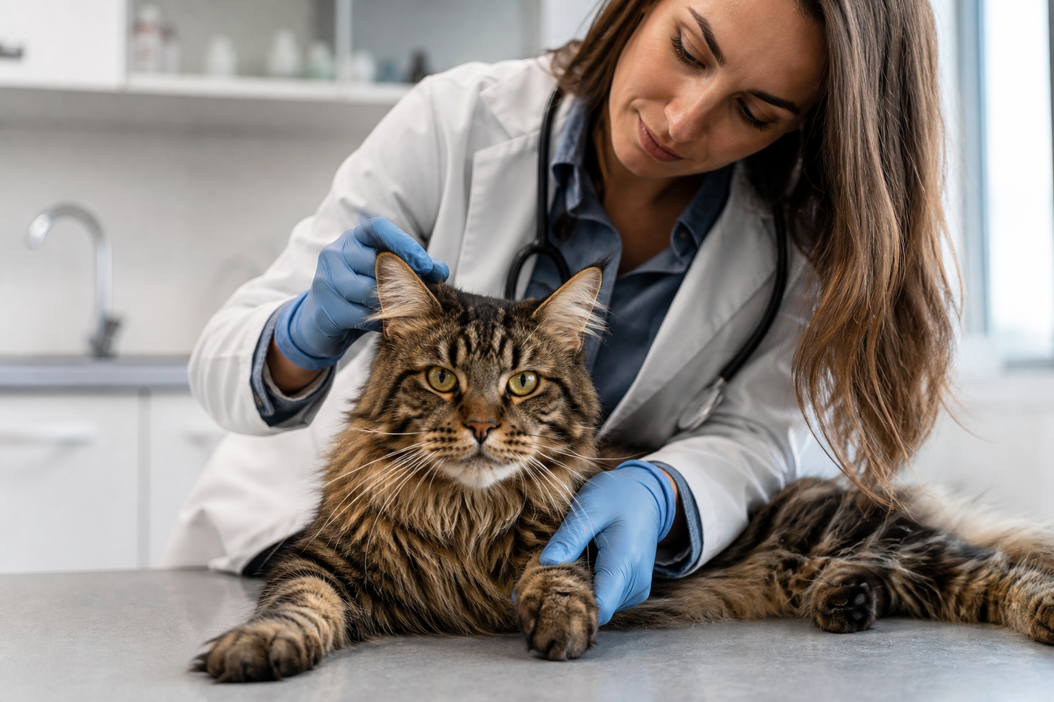 Médica veterinária examinando pelagem e patas de gato Maine Coon