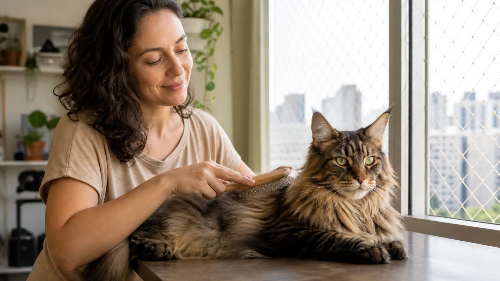Tutor escovando Maine Coon em ambiente doméstico seguro.
