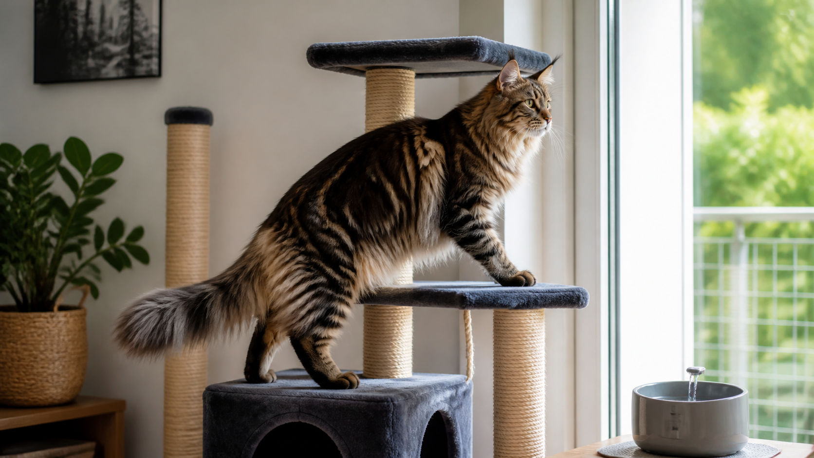 Maine Coon explora árvore para gatos perto de janela em casa.