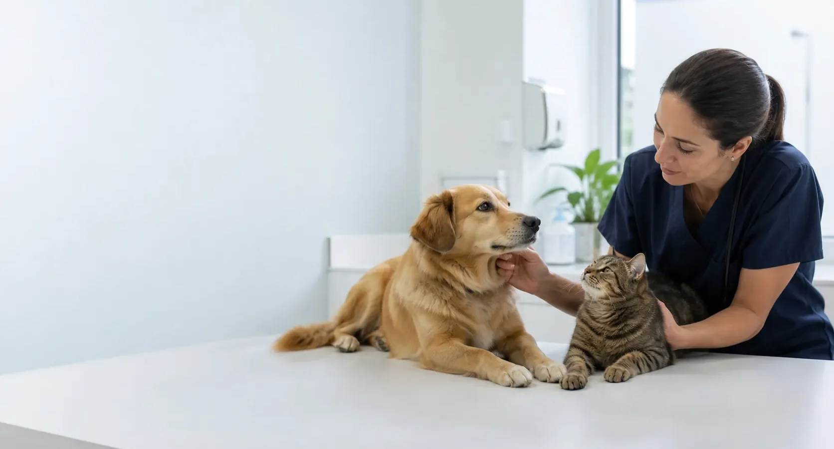 Cão e gato em consulta veterinária para avaliação de saúde bucal.