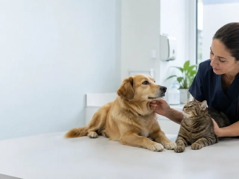 Cão e gato em consulta veterinária para avaliação de saúde bucal.