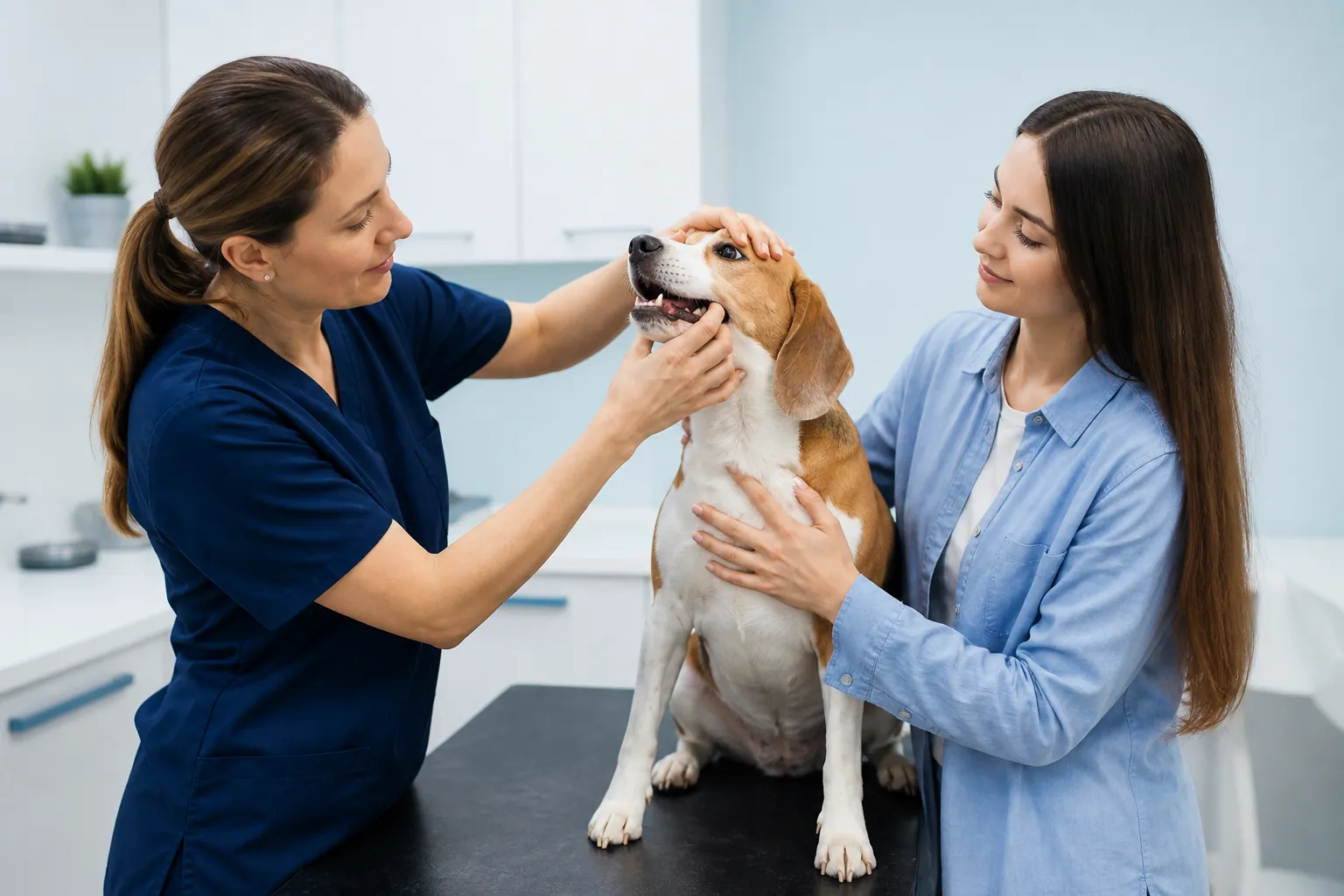 Médica-veterinária examinando a boca de um cão durante consulta.