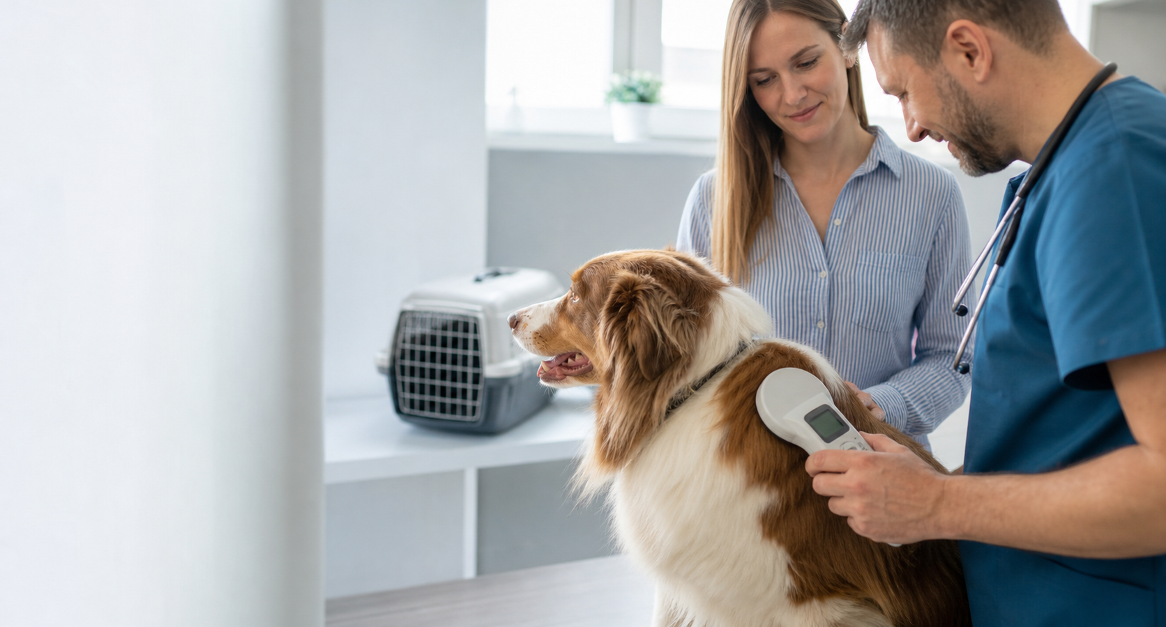 Veterinário verifica microchip em cão acompanhado pela tutora.