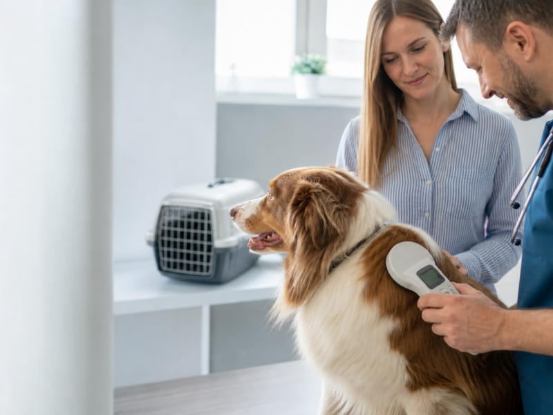 Veterinário verifica microchip em cão acompanhado pela tutora.