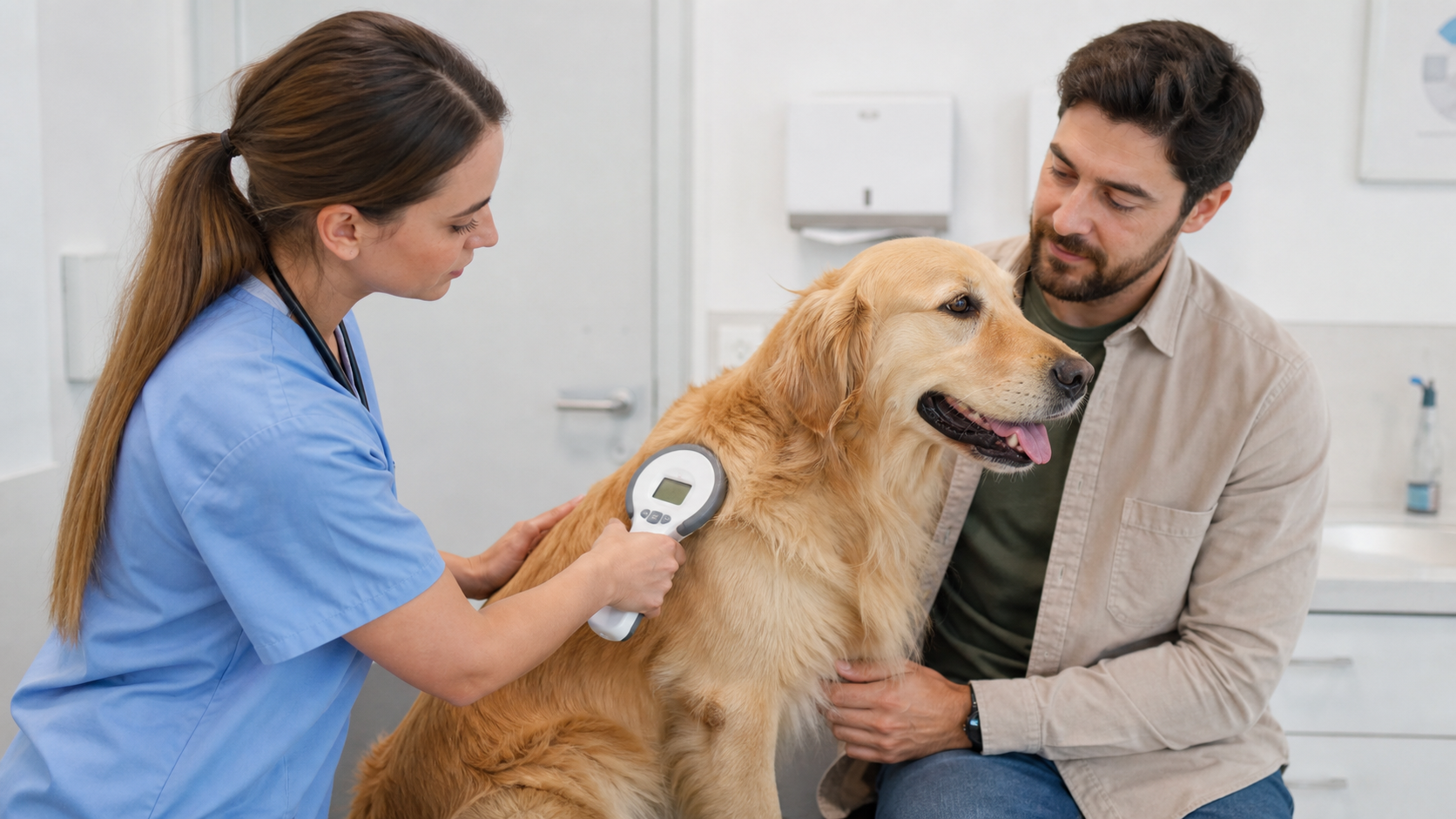 Veterinária confere o microchip de um cão enquanto o tutor acompanha.