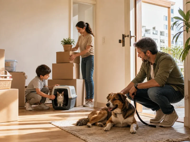 Cão e gato em transição organizada para uma nova casa com caixas e tutora presente.
