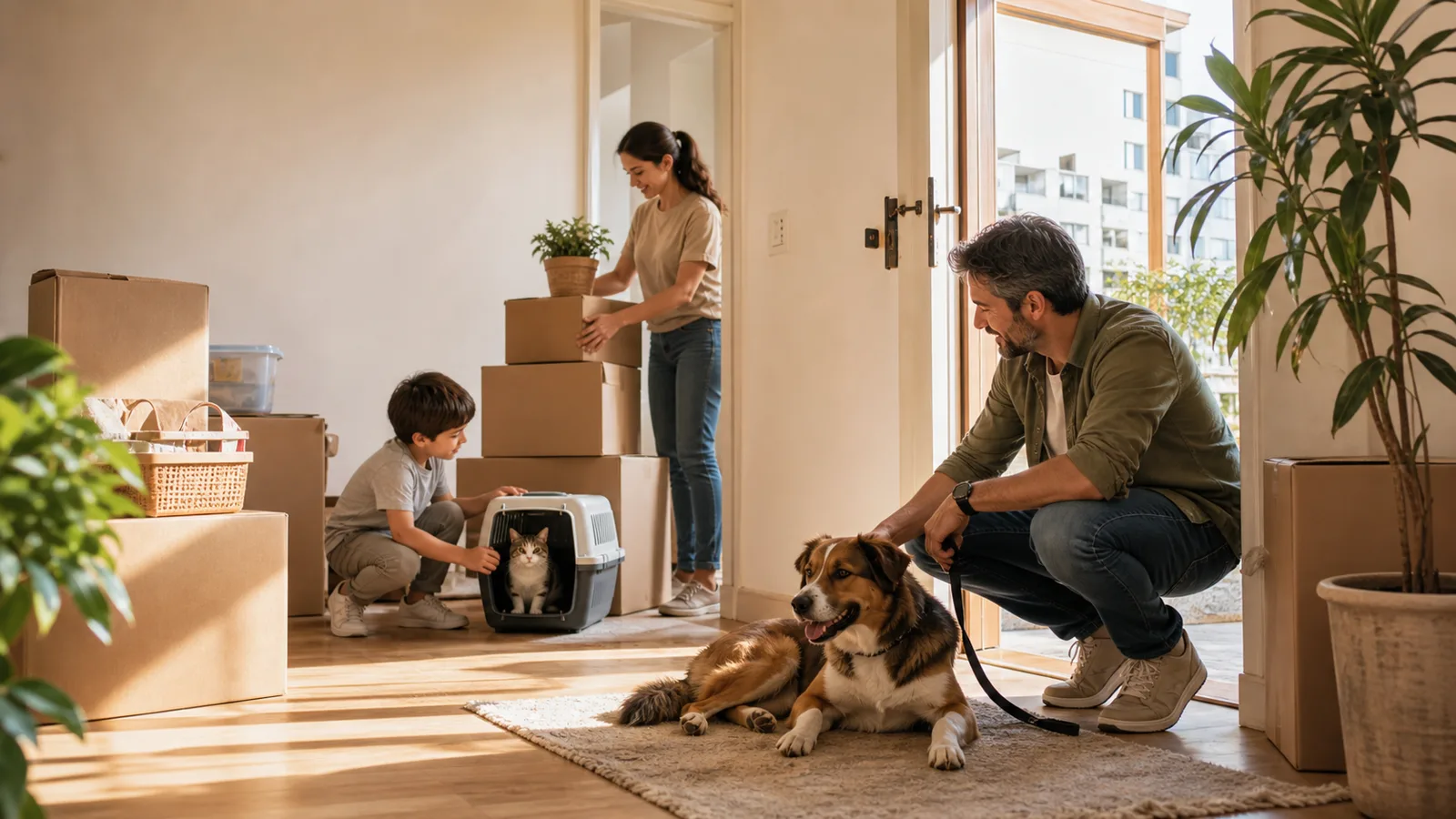 Cão e gato em transição organizada para uma nova casa com caixas e tutora presente.