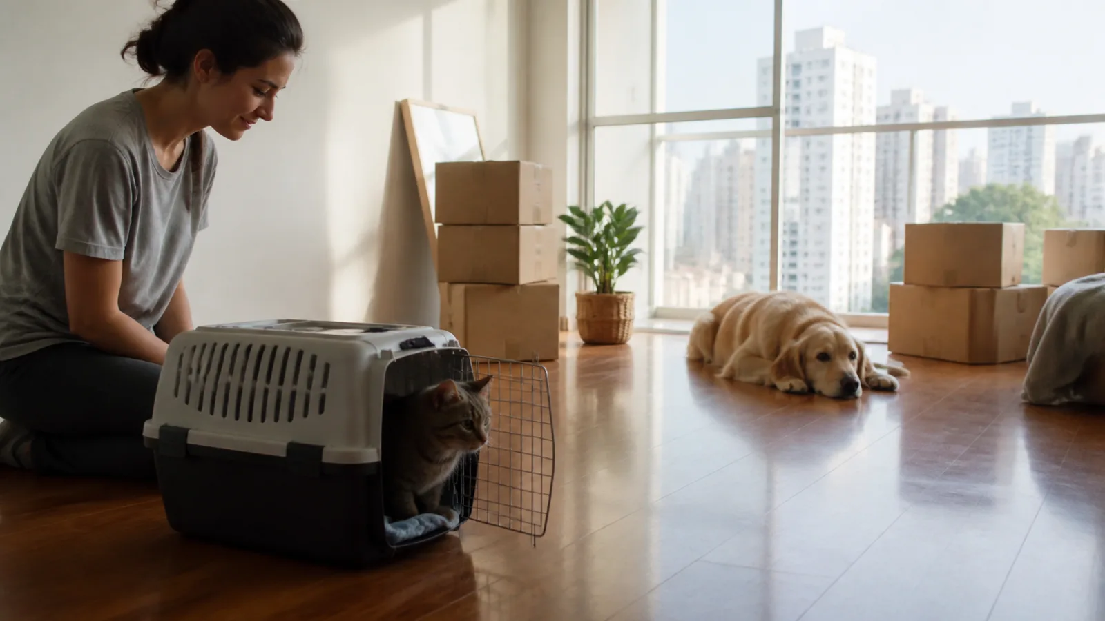 Gato em caixa de transporte e cão em ambiente calmo durante a adaptação à nova casa.