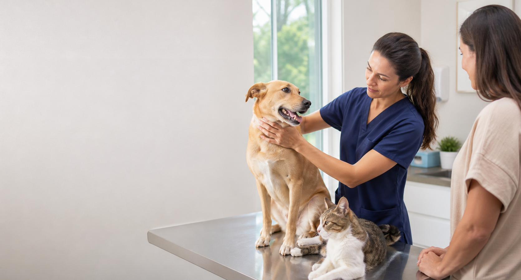 Veterinária conversa com família sobre condição corporal de cão e gato durante consulta.