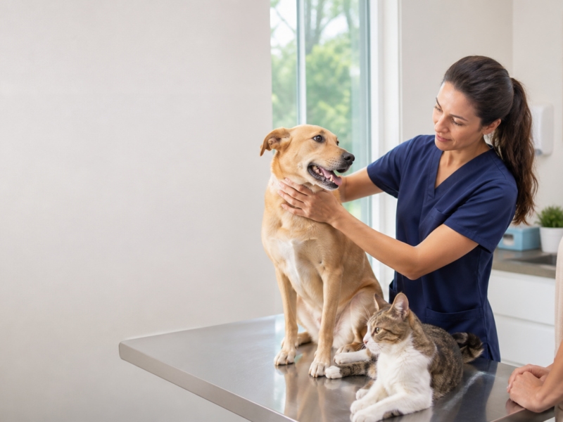 Cão e gato em consulta de bem-estar com veterinária para orientação sobre controle de peso.