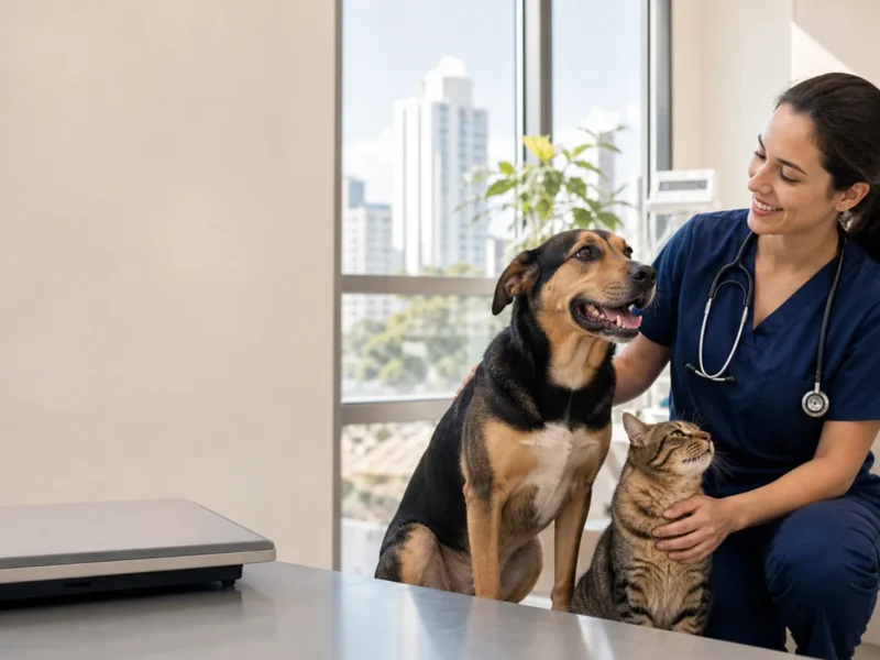 Cão e gato em consulta de bem-estar com veterinária para orientação sobre controle de peso.