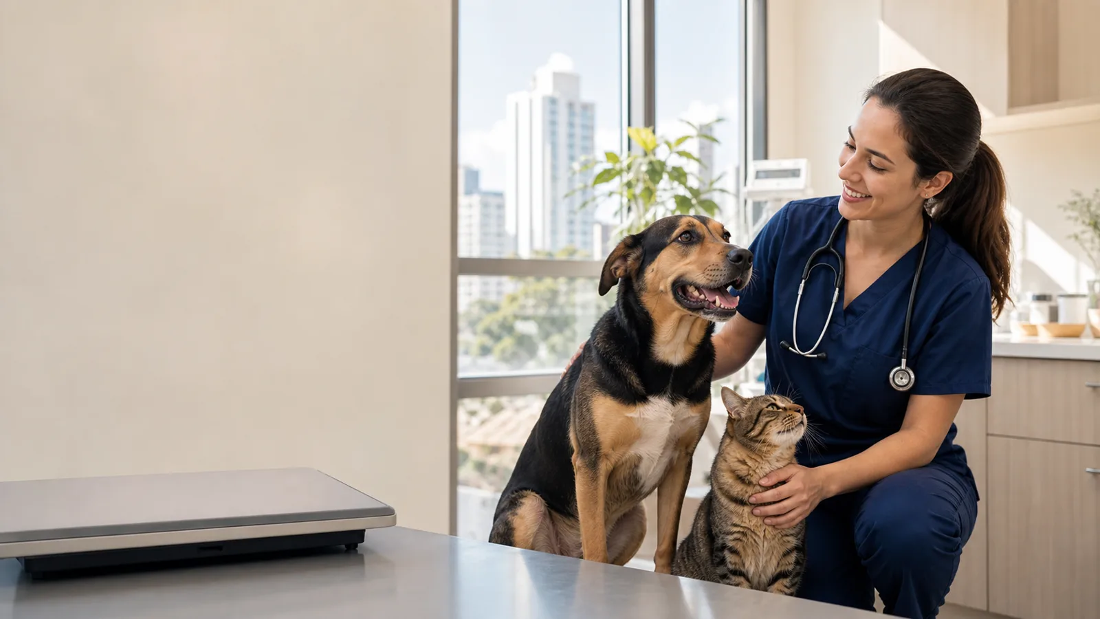 Cão e gato em consulta de bem-estar com veterinária para orientação sobre controle de peso.