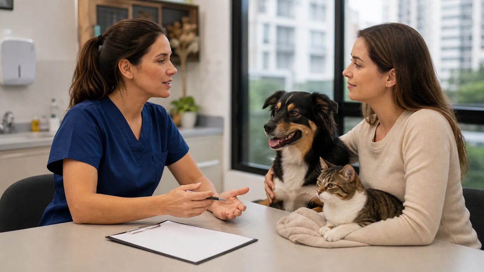 Veterinária orientando tutor sobre rotina alimentar e de atividades para cão e gato.