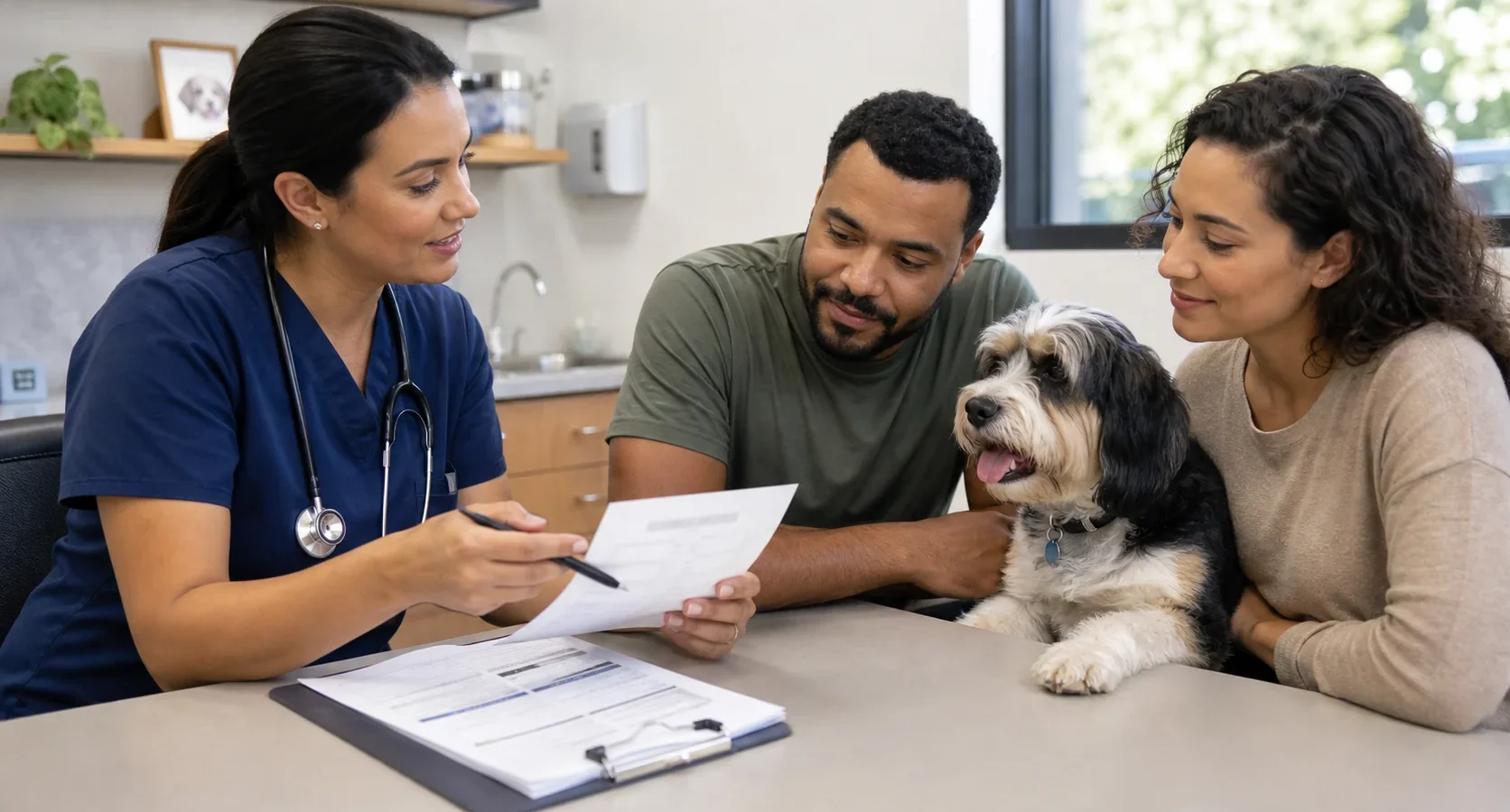 Médica veterinária explicando um plano de cuidados a uma família durante consulta.