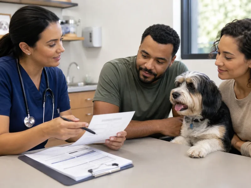 Médica veterinária explicando um plano de cuidados a uma família durante consulta.