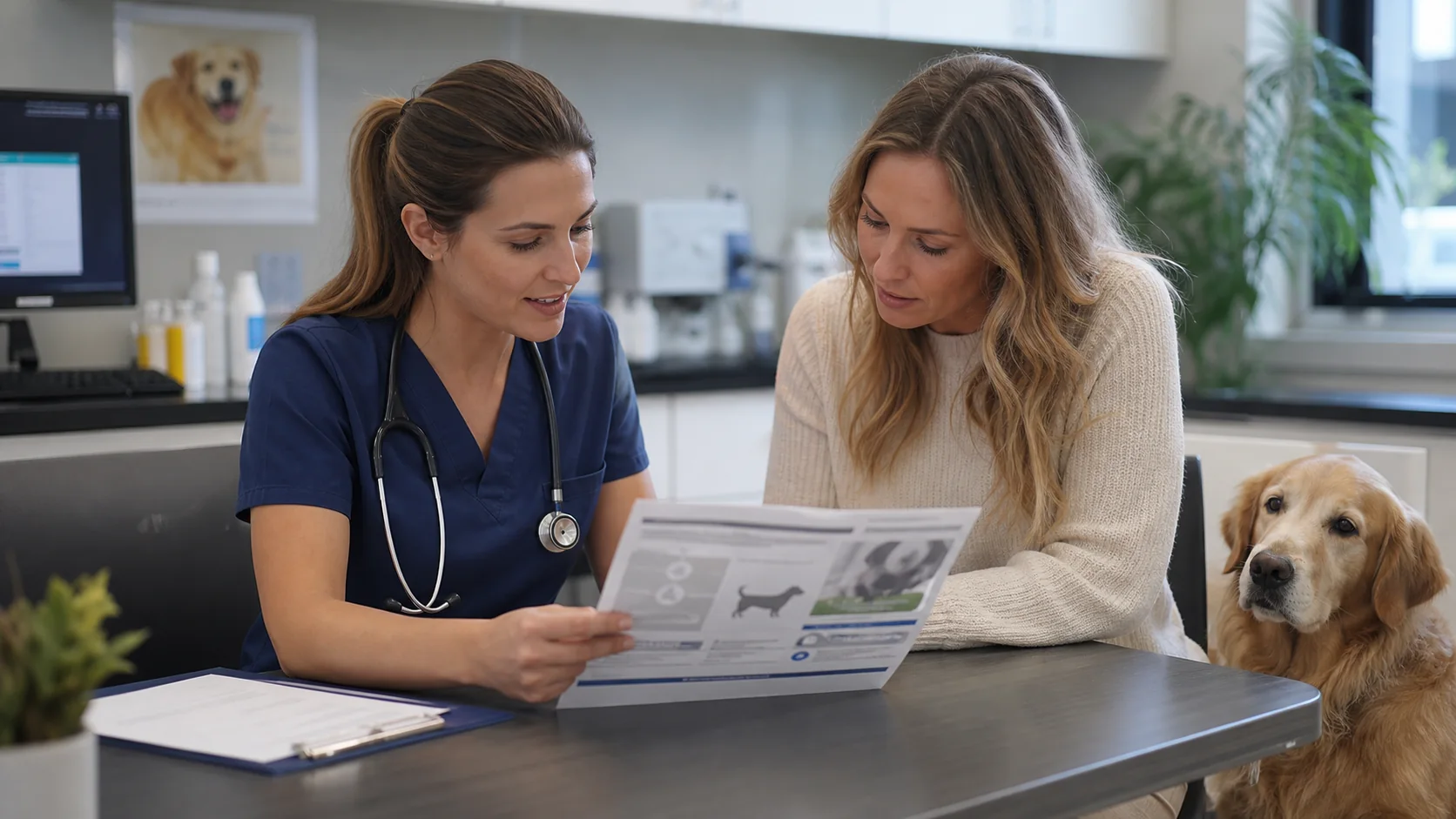 Veterinária e tutora revisando um plano de atendimento ao lado de um cão.