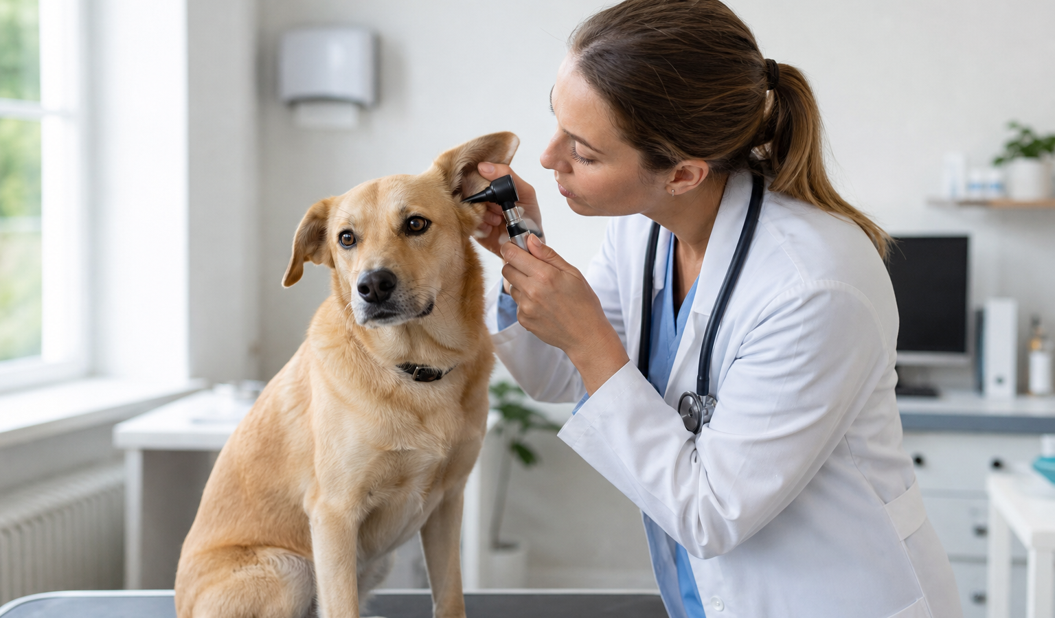 Veterinário examinando o ouvido de um cão durante consulta