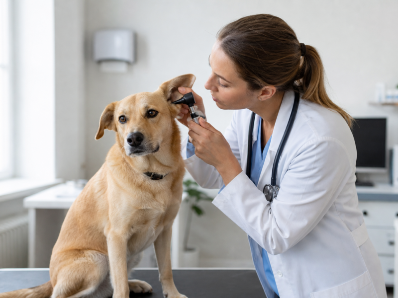 Veterinário examinando o ouvido de um cão durante consulta