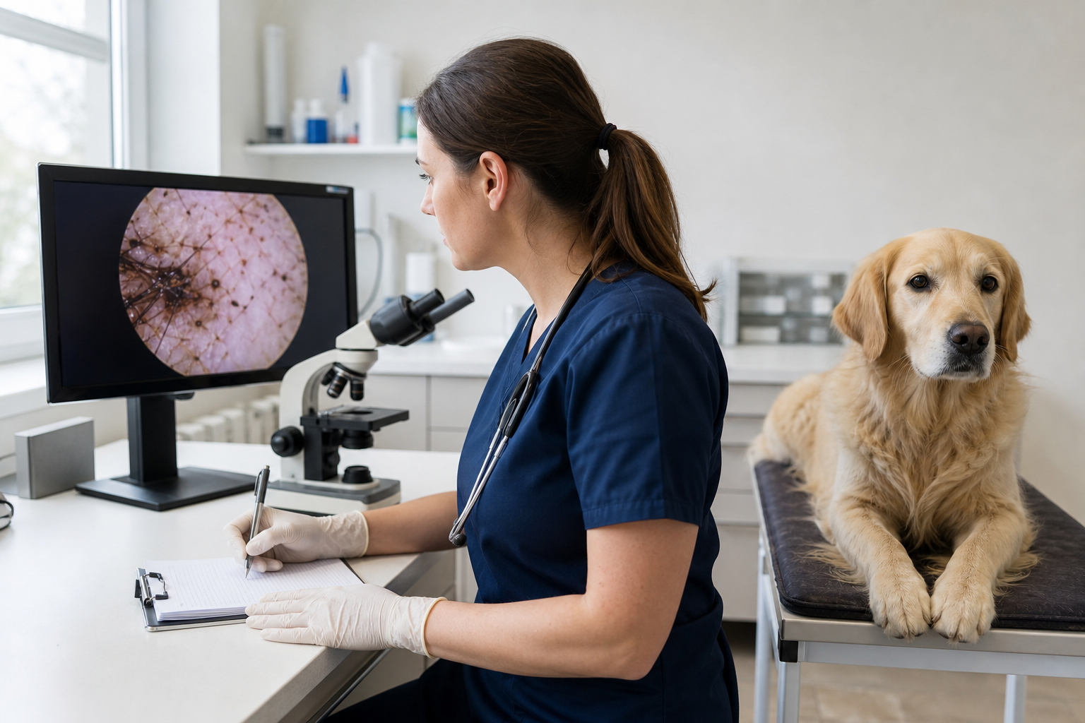 Veterinária avaliando o ouvido de um cão em exame clínico