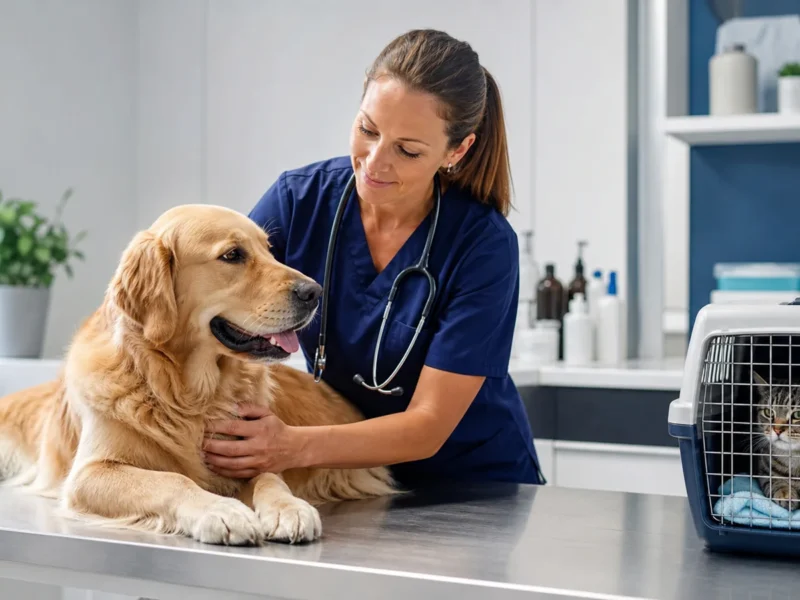Veterinária acolhendo cão e gato em consulta clínica.