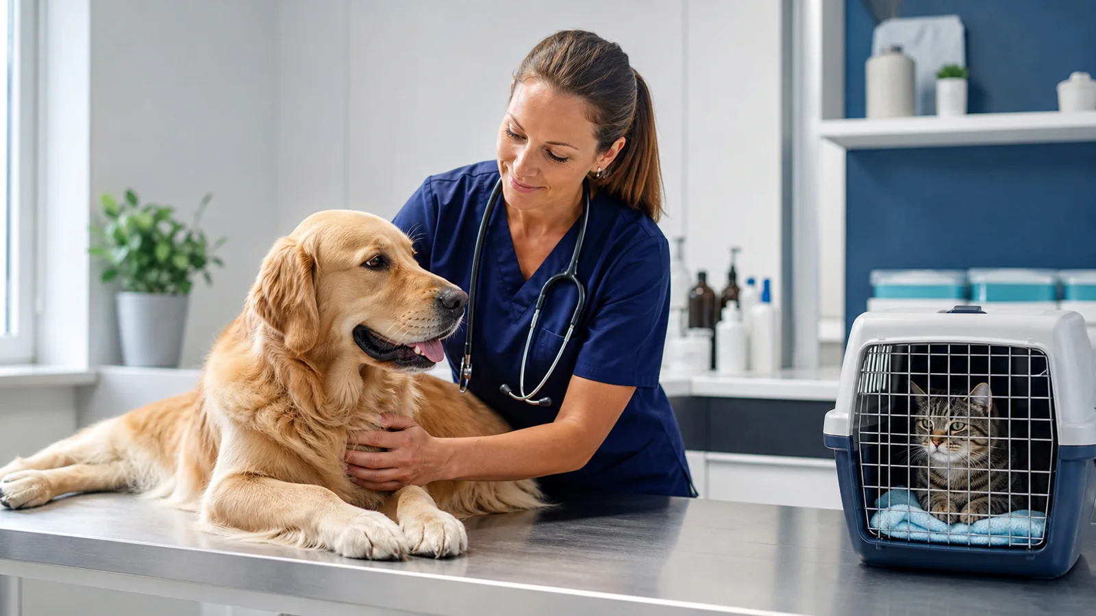 Veterinária acolhendo cão e gato em consulta clínica.
