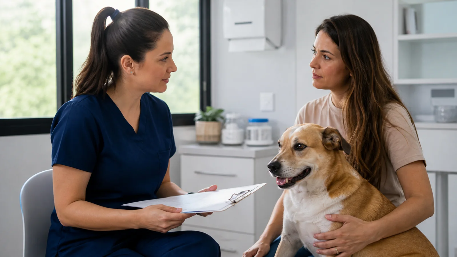 Veterinária conversando com tutora sobre exames de um cão.