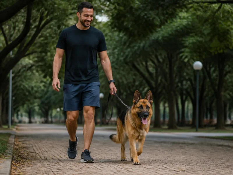 Pastor Alemão caminhando com tutor em parque tranquilo.