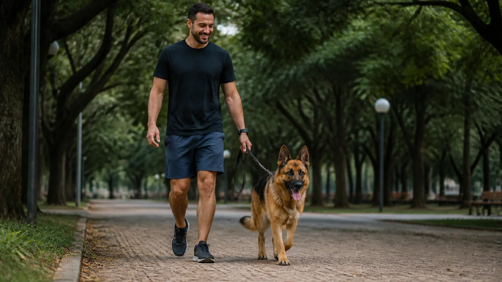Pastor Alemão caminhando com tutor em parque tranquilo.