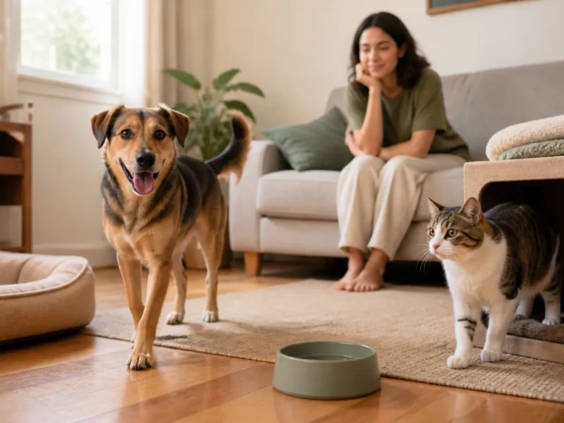 Cão e gato recém-adotados explorando uma casa preparada