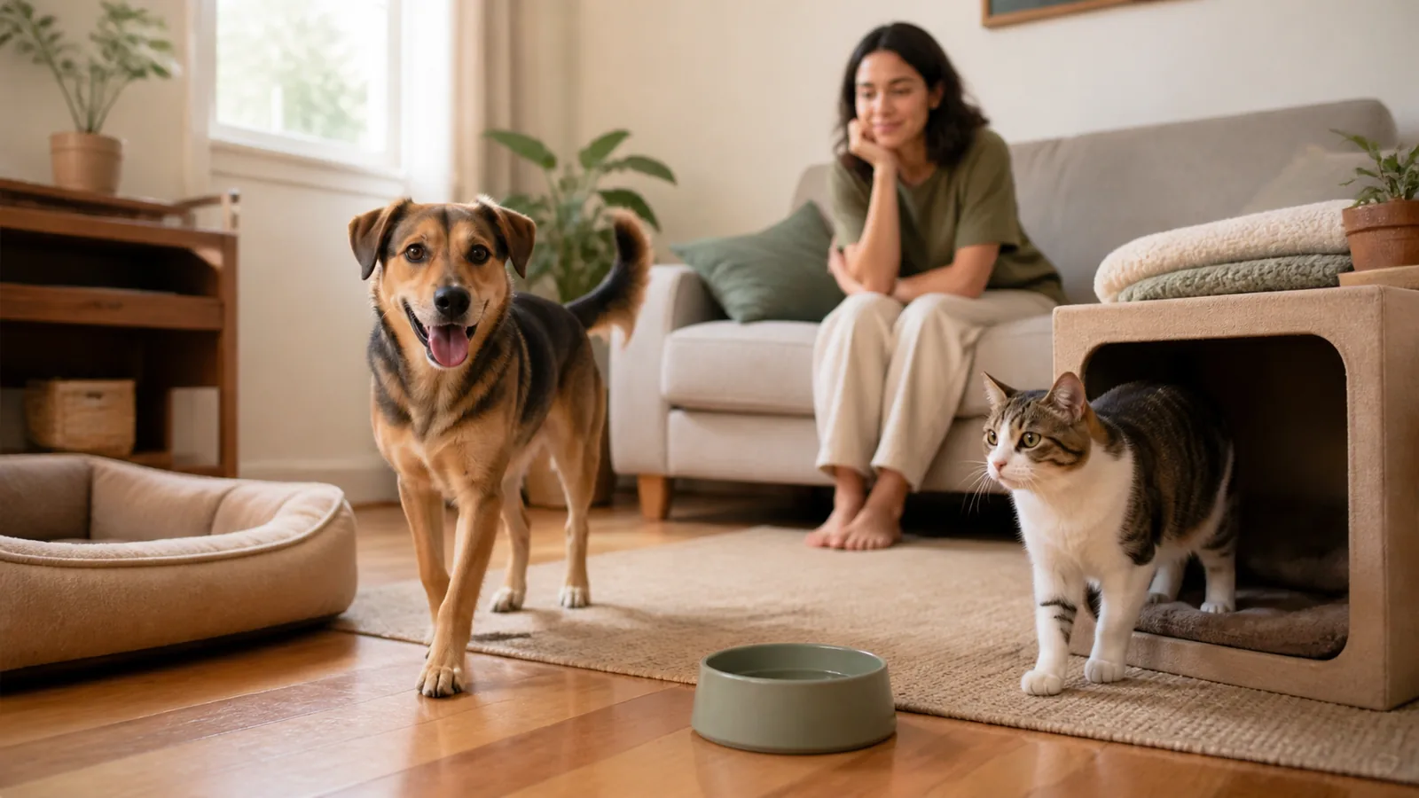 Cão e gato recém-adotados explorando uma casa preparada