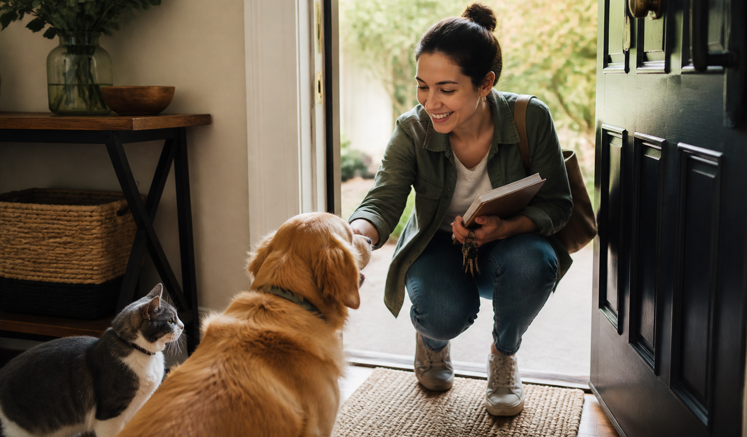 Pet sitter recebendo cão e gato na casa da família
