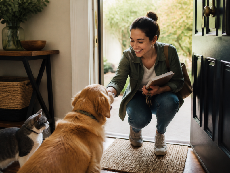 Pet sitter recebendo cão e gato na casa da família