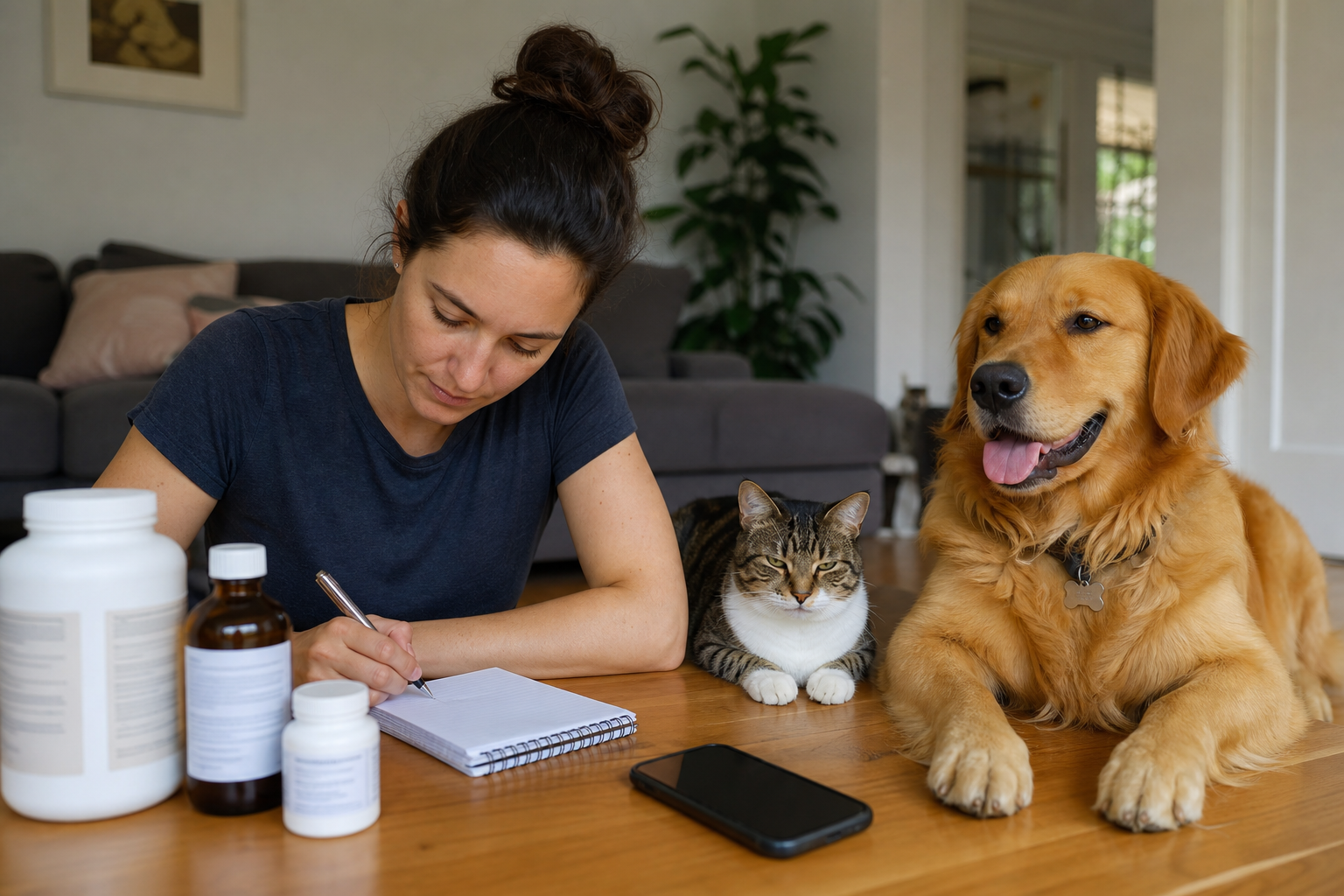 Pet sitter organizando instruções de alimentação e medicação para cães e gatos