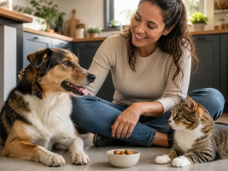Cão e gato ao lado de petiscos em ambiente doméstico