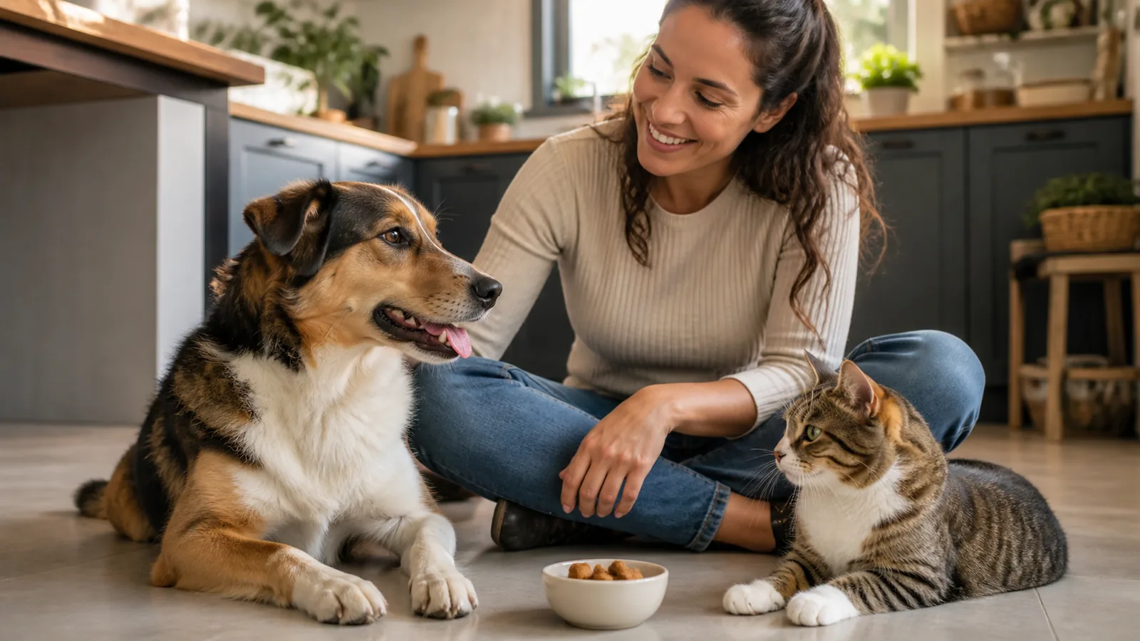 Cão e gato ao lado de petiscos em ambiente doméstico